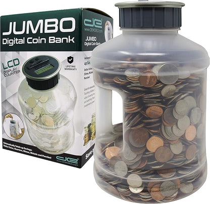 Jumbo Digital Coin Counter Bank - Extra Large Savings Jar for Pennies Nickles Dimes Quarters Half Dollar and Dollar Coins | Clear Jar w/LCD Display
