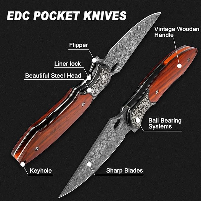 Damascus Pocket Knife, 3.3" Damascus Blade Wooden Handle EDC Pocket Knives & Folding Knives for Men Women