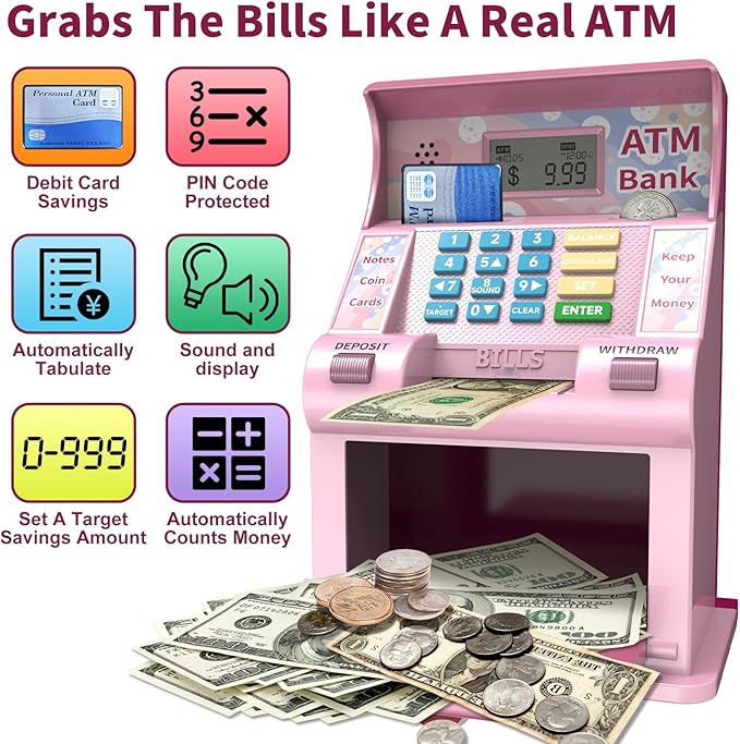 ATM Piggy Bank for Kids, Kids Bank for Real Money with Debit Card, Coin Recognition, Target Setting, Bill Feeder, Balance Calculator, Savings Machine Box, Gifts for Teen Boys Girls