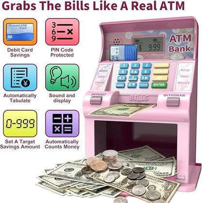 ATM Piggy Bank for Kids, Kids Bank for Real Money with Debit Card, Coin Recognition, Target Setting, Bill Feeder, Balance Calculator, Savings Machine Box, Gifts for Teen Boys Girls