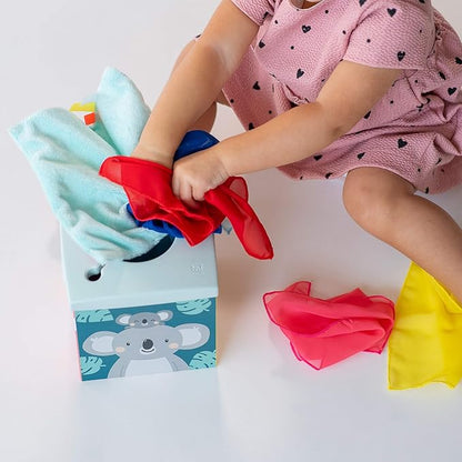 Taf Toys Sensory Crinkle Tissue Box for Toddlers. STEM Montessori Toy with Colorful Soft Scarves and Crinkling Blankies