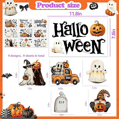 Halloween Window Clings,Double-Sided Reusable Window Decals,Vintage Ghost Pumpkin Bat Stickers for Glass Windows,Home Shop Glass Decorations,9 Sheets