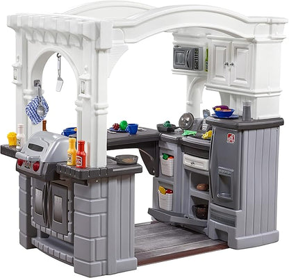 Step2 Grand Walk-in Kitchen & Grill Kids Playset, Indoor/Outdoor Kitchenette, Interactive Play with Lights and Sounds, Durable Plastic, 103 Piece Toy Accessories, Toddlers 2+ Years Old, Gray/White