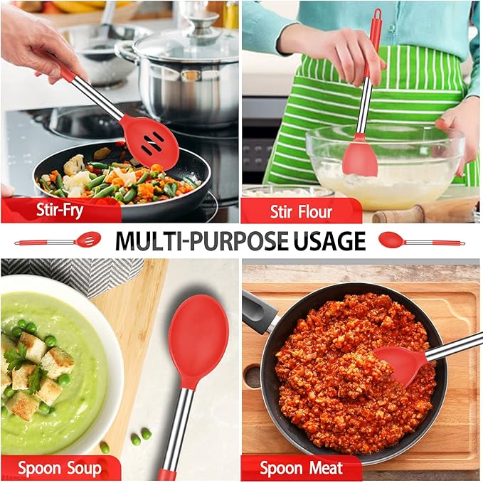 Pack of 4 Large Silicone Cooking Spatulas and Spoons, Slotted and Solid