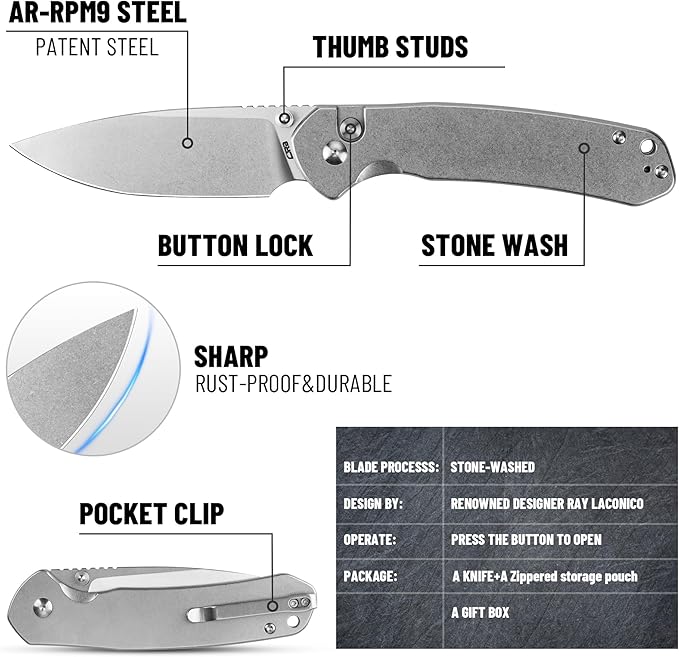 CJRB CUTLERY Pocket Knife Pyrite (J1925L) Button Lock EDC Large Foldable Knife AR-RPM9 Steel Blade and Stainless Steel Handle Silver Outdoor for Women Men for Gifts