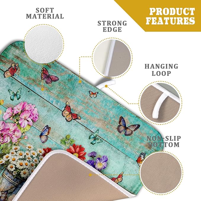 Flower Dish Drying Mat for Kitchen Counter 16x18 Inch Rustic Vintage Microfiber
