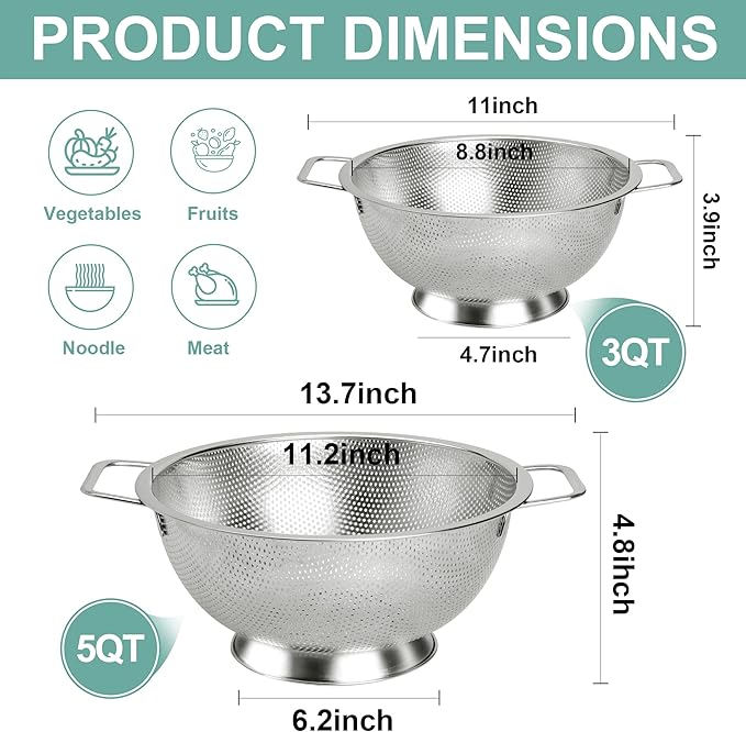 Kaishun Colander Stainless Steel 3-Quart, Kitchen Strainer