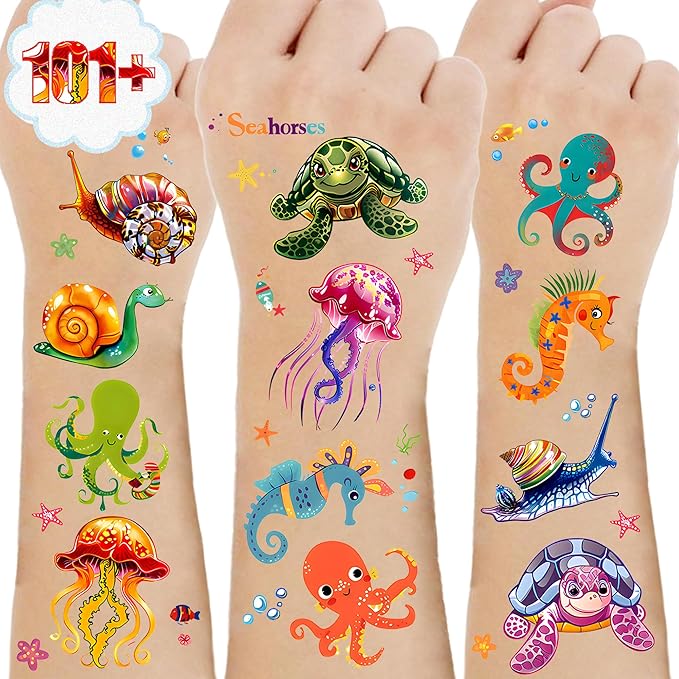 101+ Ocean Temporary Tattoos – Printable, Waterproof Fake Tattoos for Kids, Girls, Boys, Teens & Adults – Ideal for Birthday Parties, Decorations (A)