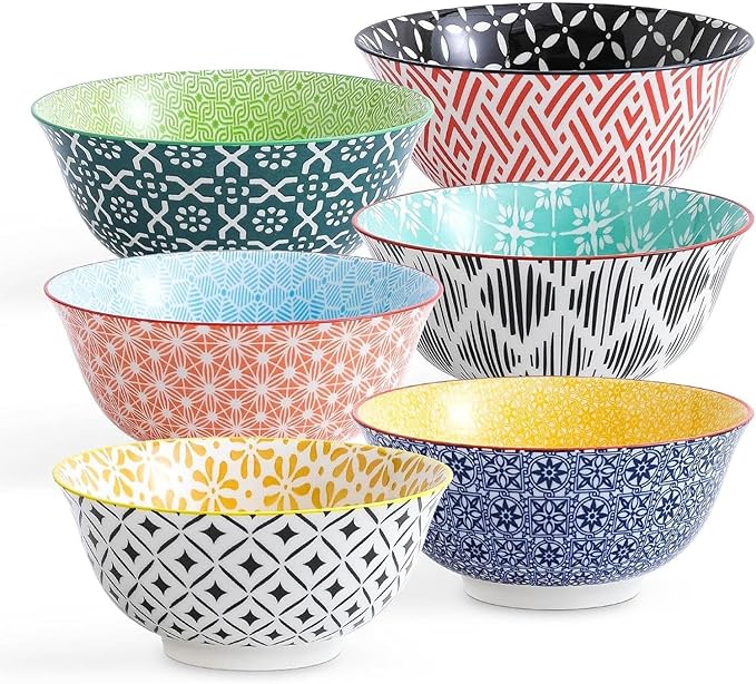 Cereal Bowls Set of 6 for Kitchen, 23oz Ceramic Bowls for Soup, Salad, Dessert, Rice, Serving, Oatmeal, Dishwasher & Microwave Safe, Assorted Colors