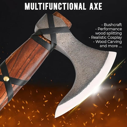 22-Inch Hand-Forged Viking Bearded Axe with Sheath – Survival & Camping Hatchet for Men – Best Gift (Brown Ragnar)