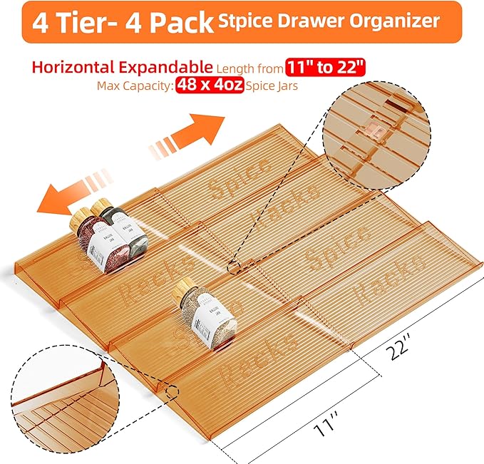 MUDEELA Clear Spice Drawer Organizer, 4 Tier- 4 Set Spice Rack
