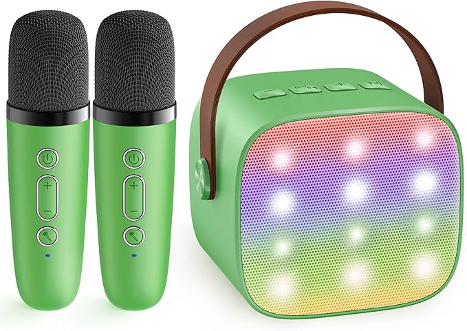 Mini Karaoke Machine for Kids Adults, Portable Bluetooth Speaker with 2 Wireless Microphones, Birthday Gifts Toys for Girls Boys Ages 3, 4, 5, 6, 7, 8, 9,10,11,12+ Years Old Toddler (Green)