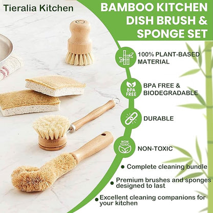 Tieralia Bamboo Dish Brush Gift Set – 5-Piece Kitchen Cleaning Set