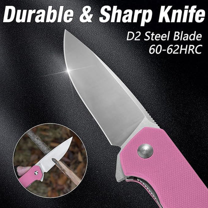 FLISSA Pocket Knife, Folding Tactical Knife with G10 Handle, D2 Blade, Liner Lock, Pocket Clip, EDC Knife for Hiking, Camping, Survival, Indoor and Outdoor Activities(Pink)