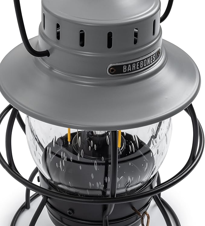 Barebones Railroad Lantern ??State Gray, Vintage-Inspired LED Camping Lantern with Rechargeable Battery ??Adjustable Brightness Outdoor Light for Camping Gear, Backyard, and Home Decor