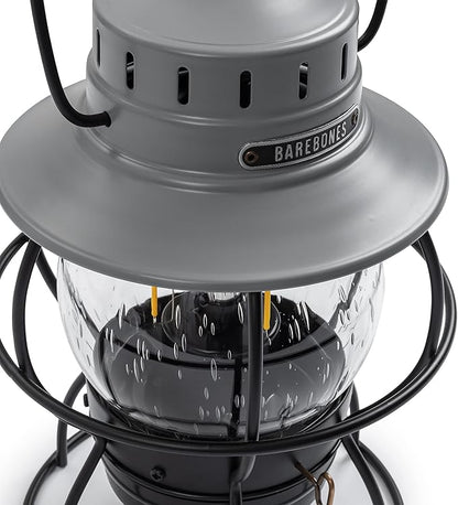 Barebones Railroad Lantern ??State Gray, Vintage-Inspired LED Camping Lantern with Rechargeable Battery ??Adjustable Brightness Outdoor Light for Camping Gear, Backyard, and Home Decor