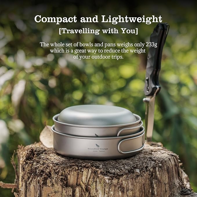 Camping Titanium Pots Set Titanium Bowl Set Outdoor Cookware Cooking Pan Pot with Folding-Handle Travel Kitchen Mess Kits Picnic Hiking Dishes ti2031c