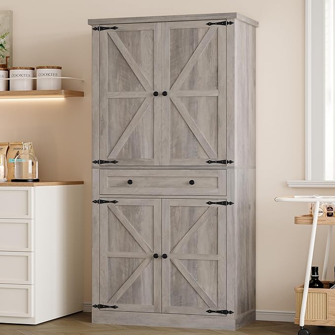 Pantry Organizers and Storage Cabinet, 70” Barn Door White Kitchen Cabinet with Drawers and Adjustable Shelf, Tall Pantry for Kitchen, Dining Room, Living Room Bedroom