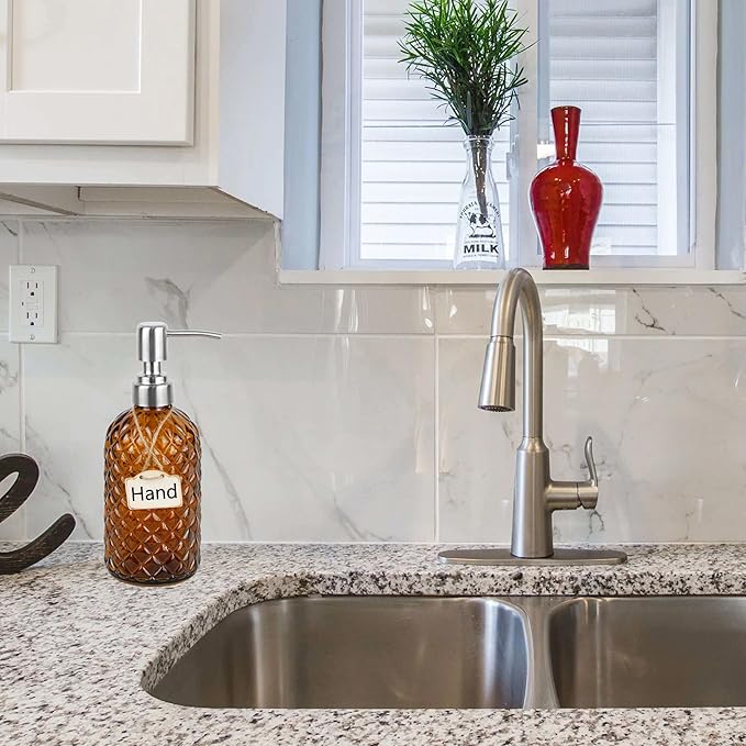 16 oz Diamond Pattern Glass Soap Dispenser, Kitchen and Bathroom Refillable