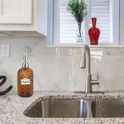 16 oz Diamond Pattern Glass Soap Dispenser, Kitchen and Bathroom Refillable