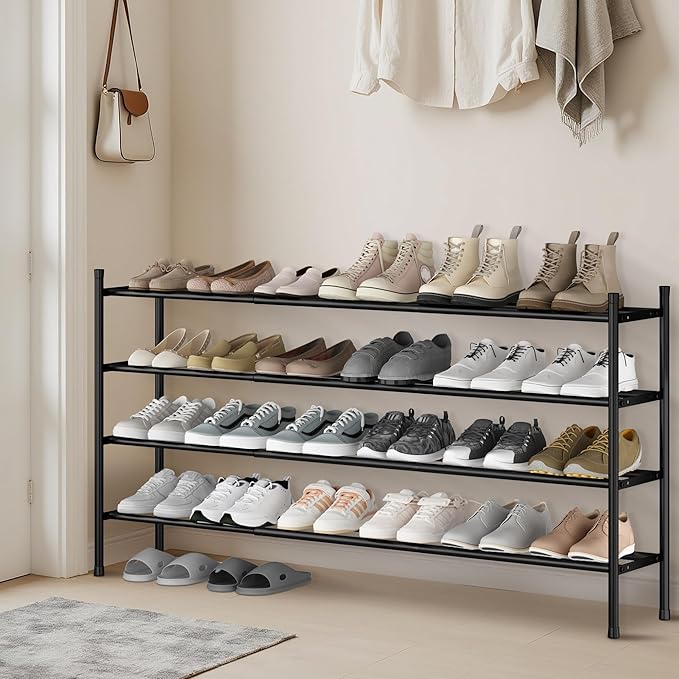 STORAGE MANIAC Long Expandable Shoe Rack, 24 Pairs Metal Wide Stackable Shoe