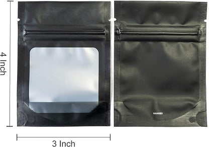 HANSER | Smell Proof Odorless Mylar Resealable Foil Pouch Bags with clear Window | Stand up bottom | Airtight | matte black | 100 Pieces | 3x4 inches