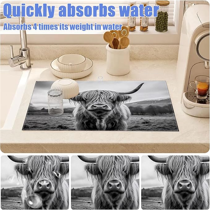 Highland Cow Dish Drying Mat for Kitchen Counter Drying Pad Absorbent