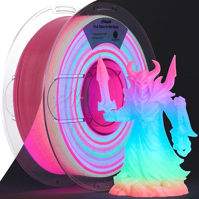 AMOLEN PLA Filament Glow in The Dark, Rainbow 5M Red, Blue, Green, Orange, Multicolor Fast Change 3D Printer Filament 1.75mm, Best with UV Lamps, 1KG Spool (2.2lbs), Dimensional Accuracy +/- 0.02 mm