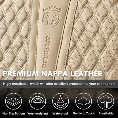 Coverado Front Seat Covers, Car Seat Covers Front Seats, Nappa Leather Seat Covers for Cars, Waterproof Seat Covers with Lumbar Support Universal Fit for Most Cars SUV Trucks (Front, Beige)