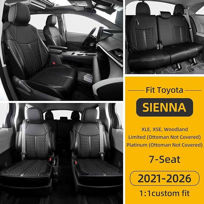 Custom Fit Sienna Seat Covers for 2021-2026 Toyota Sienna 7-Seat XLE XSE Woodland Limited Platinum [Ottoman Not Covered], Waterproof Faux Leather Full Set Airbag Compatible (Black)