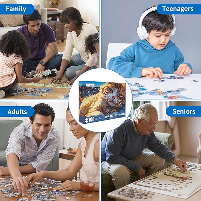 100 Piece Puzzles for Kids, Sleepy Cat 100 Piece Puzzles for Adults, Side Lying Cat Puzzle Cozy Scene Puzzle, Cute Kitten Jigsaw Puzzles 100 Pieces for Seniors Teens Kids Ages 6-10