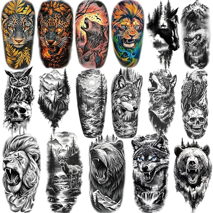 77 Sheets Temporary Tattoos for Adults and Kids - 2 Sizes Fake Tattoo Realistic Lion, Tiger, Wolf, Eagle Owl Forest Animal Designs- Long Lasting Body Tattoo for Halloween, Parties