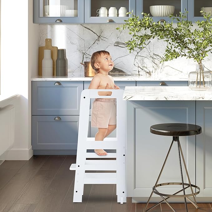 Hauck Learn N Explore Montessori Toddler Tower, Adjustable Wooden Kitchen & Bathroom Step Stool Helper for Home Use with Kids Ages 1+, White