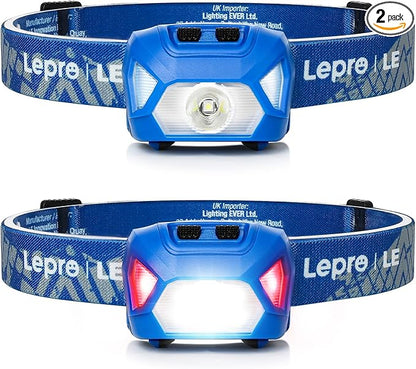 Lepro 320015 Battery Powered Headlamp - 1300Lux Super Bright LED Head Lamp with Red Light, IPX4 Waterproof Headlights for Outdoor Camping, Hiking, Hunting, Power Outages, Emergency, Hurricane - Blue