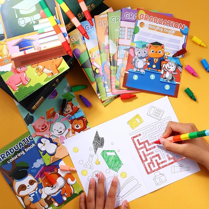 BenLouis 12 Kindergarten Graduation Mini Coloring Books Kids with 12 Stacking Crayons Preschool Classroom Party Favors Small Activity Books Bulk for Kids Student Grad Party Gift Goodie Bag Stuffers