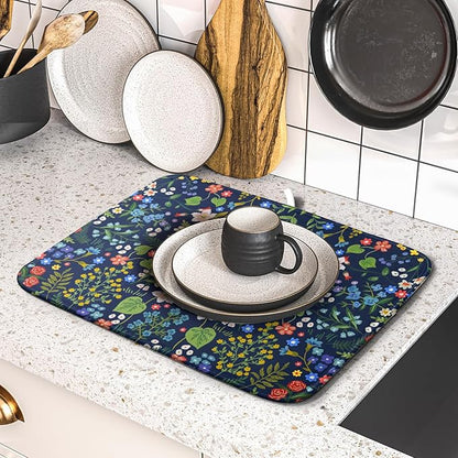 Flower Floral Dish Drying Mat Microfiber Navy Blue Absorbent Drying Pad