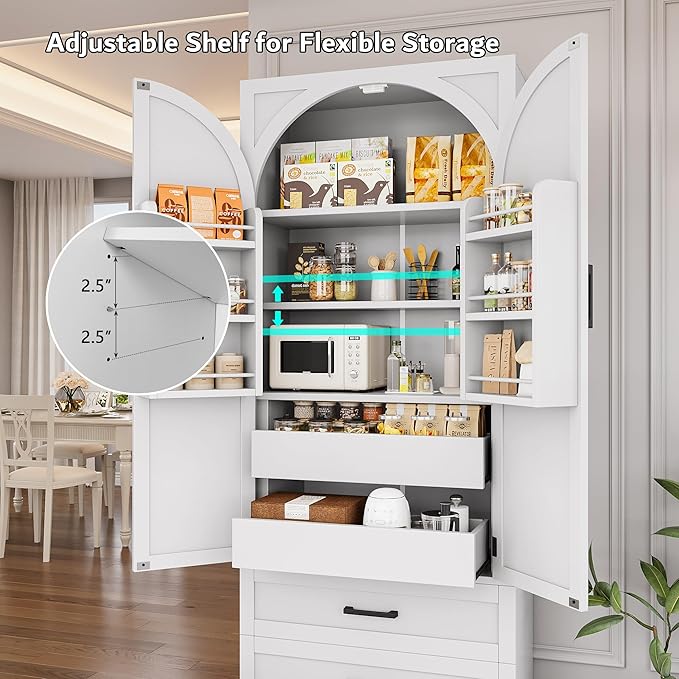 iPormis 71" Tall Kitchen Pantry Storage Cabinet w/Adjustable Shelf, Door Shelves & Large Drawers, Freestanding Kitchen Cupboard for Dining Room/Living Room, White