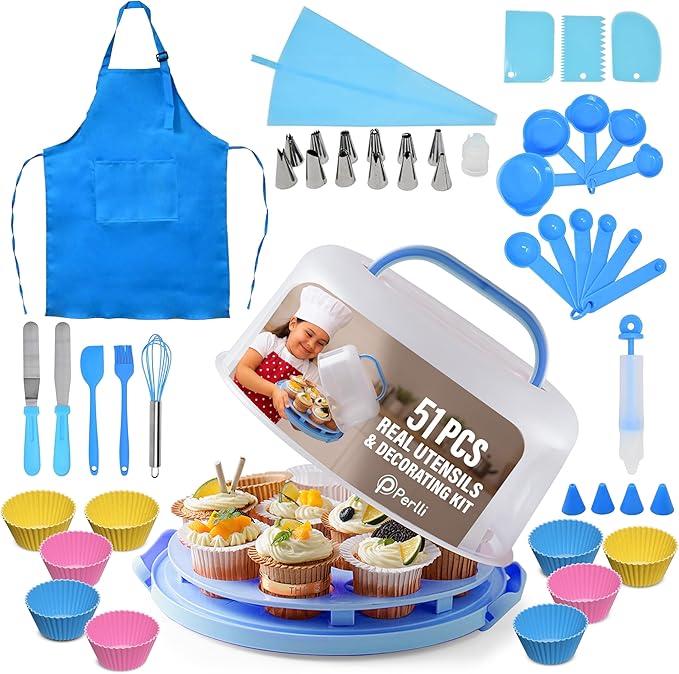 Perlli Kids Cake & Cupcake Baking Set – 51 Pieces Real Utensils & Decorating Kit with Carrier Safe Baking Supplies Gift for Junior Chefs Girls & Boys (Blue)