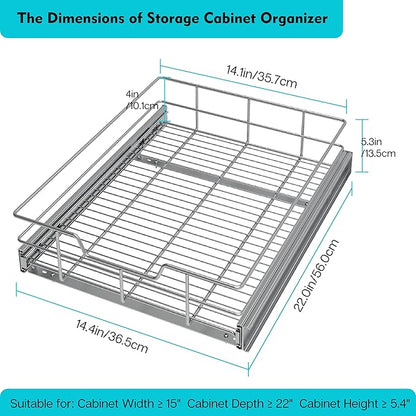 Pull Out Cabinet Organizer 14" W X 22" D, Slide Out Drawers For Kitchen Organizers and Storage, Pull Out Drawers For Cabinets Capacity Heavy Duty Caddy, Cabinet Shelves Chrome-Plated, Bathroom Pantry
