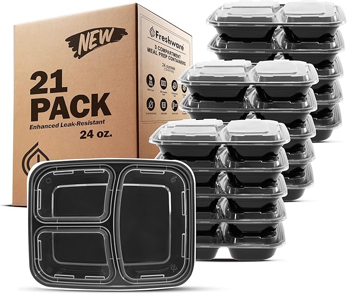 Freshware Meal Prep Containers [21 Pack] 3 Compartment with Lids, Food Storage Containers, Bento Box, BPA Free, Stackable, Microwave/Dishwasher/Freezer Safe (24 oz)