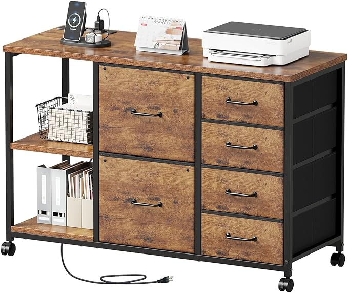 6 Drawer File Cabinet with Charging Station Rolling Printer Stand with Open