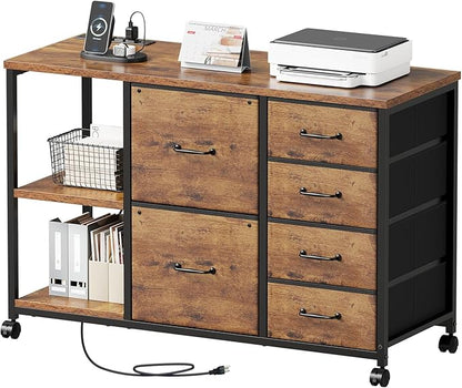 6 Drawer File Cabinet with Charging Station Rolling Printer Stand with Open