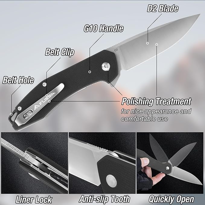 FLISSA Pocket Knife, Folding Tactical Knife with G10 Handle, D2 Blade, Liner Lock, Pocket Clip, EDC Knife for Hiking, Camping, Survival, Indoor and Outdoor Activities(Black)