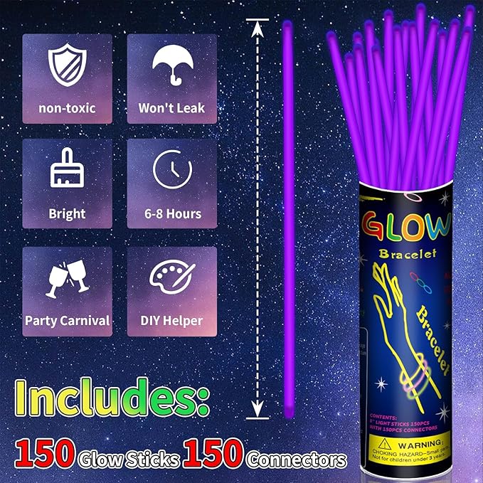 150 Pack 8” Purple Glow Sticks Bulk with 150 Connectors Neon Glow In The Dark Party favors Supplies for Holiday Birthday Party Decoration (Purple)