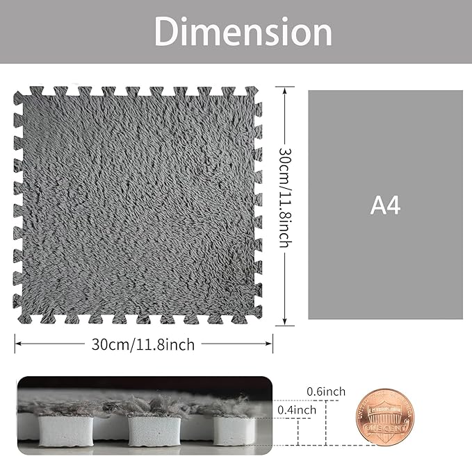 16pcs 0.6" Thickened Interlocking Tile Mats,Fluffy Shaggy Soft EVA Foam Area Rug for Living Room & Bedroom,Non-Slip Protective Floor Carpet Play Mat Kids Baby Dorm Home Decor (11.8ft, Grey)