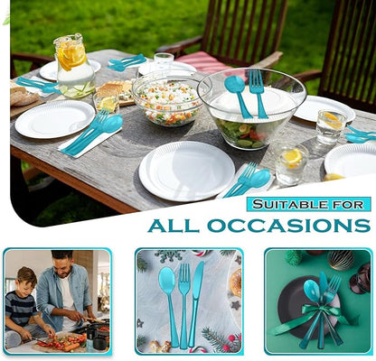 Minatee 150 Pieces Disposable Cutlery Set Plastic Silverware Heavy Duty Utensil Sets 50 Forks 50 Knives 50 Spoons for Home Office School Party Picnics Restaurant Outdoor Events(Peacock Blue)