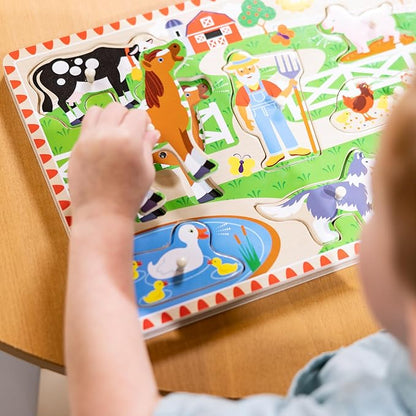 Melissa & Doug Old MacDonald's Farm Song Puzzle – 8-Piece Wooden Peg Puzzle with Light-Activated Sounds, Music Learning Toy for Toddlers and Preschoolers Ages 2+