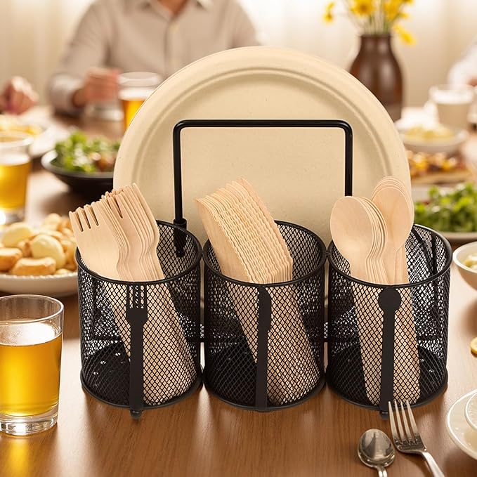 Metal Utensil Caddy Silverware Holder, Paper Plate Holder Cutlery Container