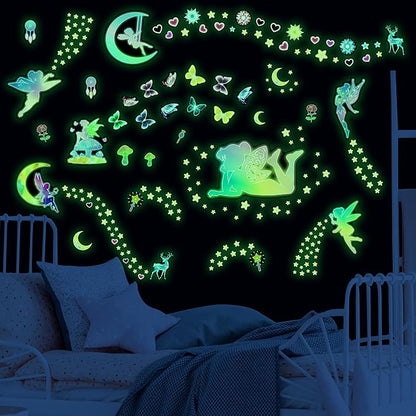 Glow in The Dark Fairy Star Wall Stickers, Neon Fantasy Elf Butterfly Wall Decal for Girls Room, Baby Girl Boy Bedroom Ceiling Nursery Decoration