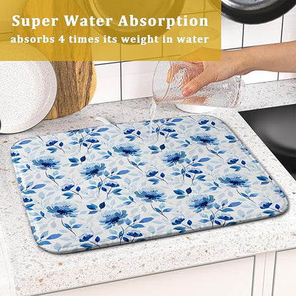 Blue Floral Dish Drying Mat 16x18 inch Flower Leaves Dish Rack Pad Microfiber